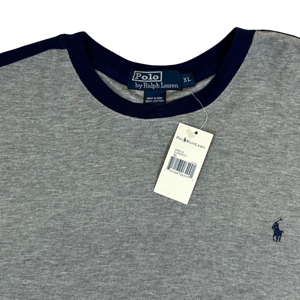 Vintage 90s Polo Ralph Lauren Waffle Knit Thermal Ringer Shirt Gray Navy XL NWT